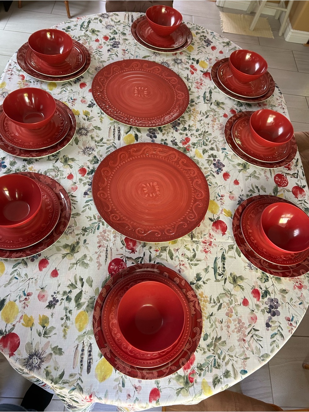 Red Floral Melamine Dinnerware Set with Intricate Scroll Pattern